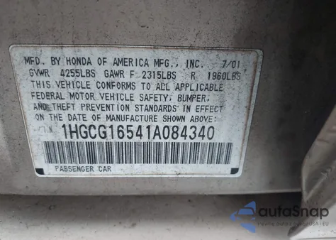 2001 Honda Accord 3.0 Ex from USA, damaged, VIN 1HGCG16541A084340